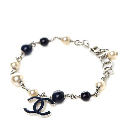 Chanel Enamel Pearl Beaded CC Bracelet Navy Silver 1 of 5
