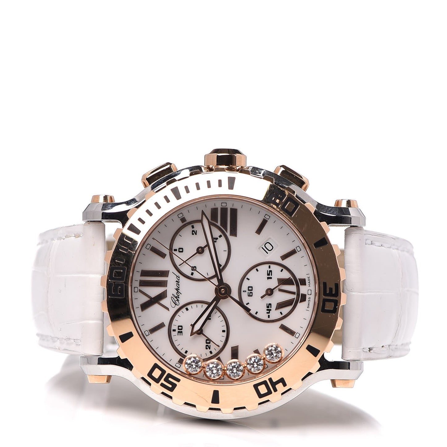 Stainless Steel 18K Rose Gold Alligator 5 Diamond 42mm Happy Sport Chronograph Quartz Watch