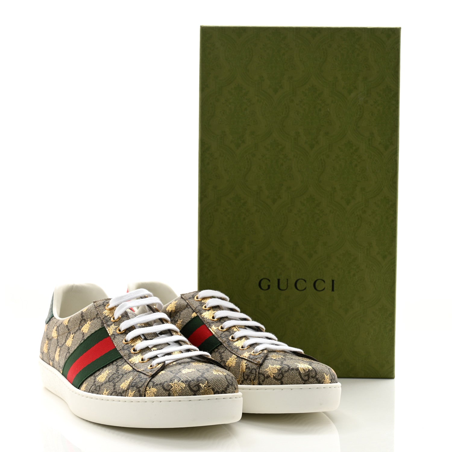 Gucci GG Supreme Monogram Bees Ayers Web Mens Ace Sneakers 11.5 Beige Oro Green Red 10 of 10