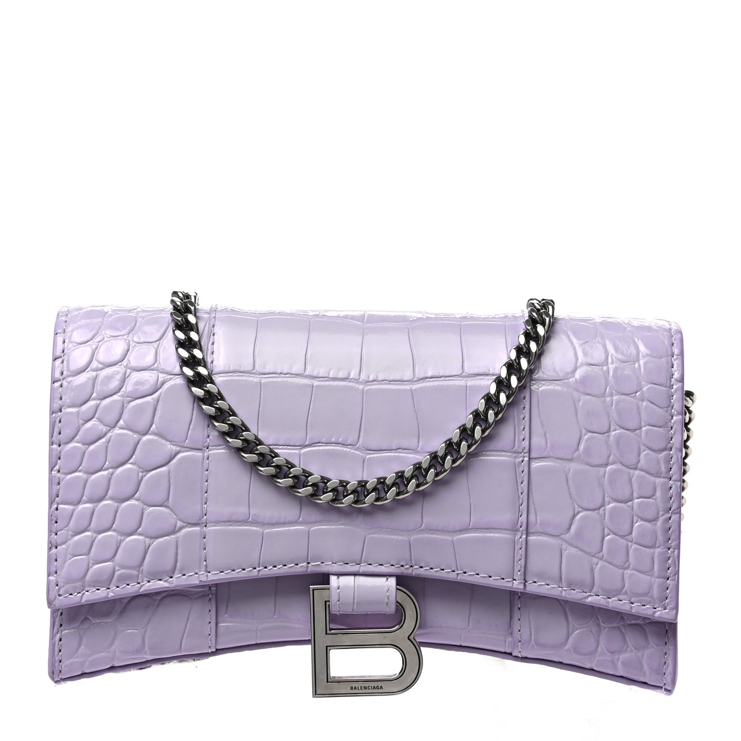 Shiny Calfskin Crocodile Embossed Hourglass Chain Bag Lilac