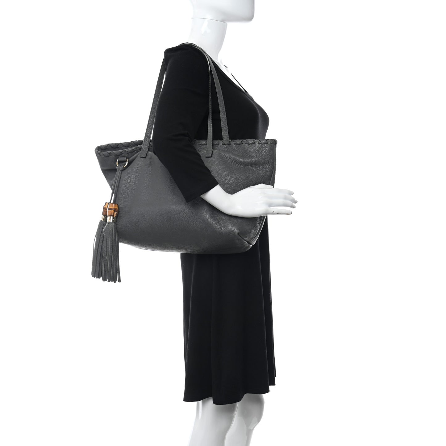 Pebbled Calfskin Medium Bamboo Tassel Tote Grey