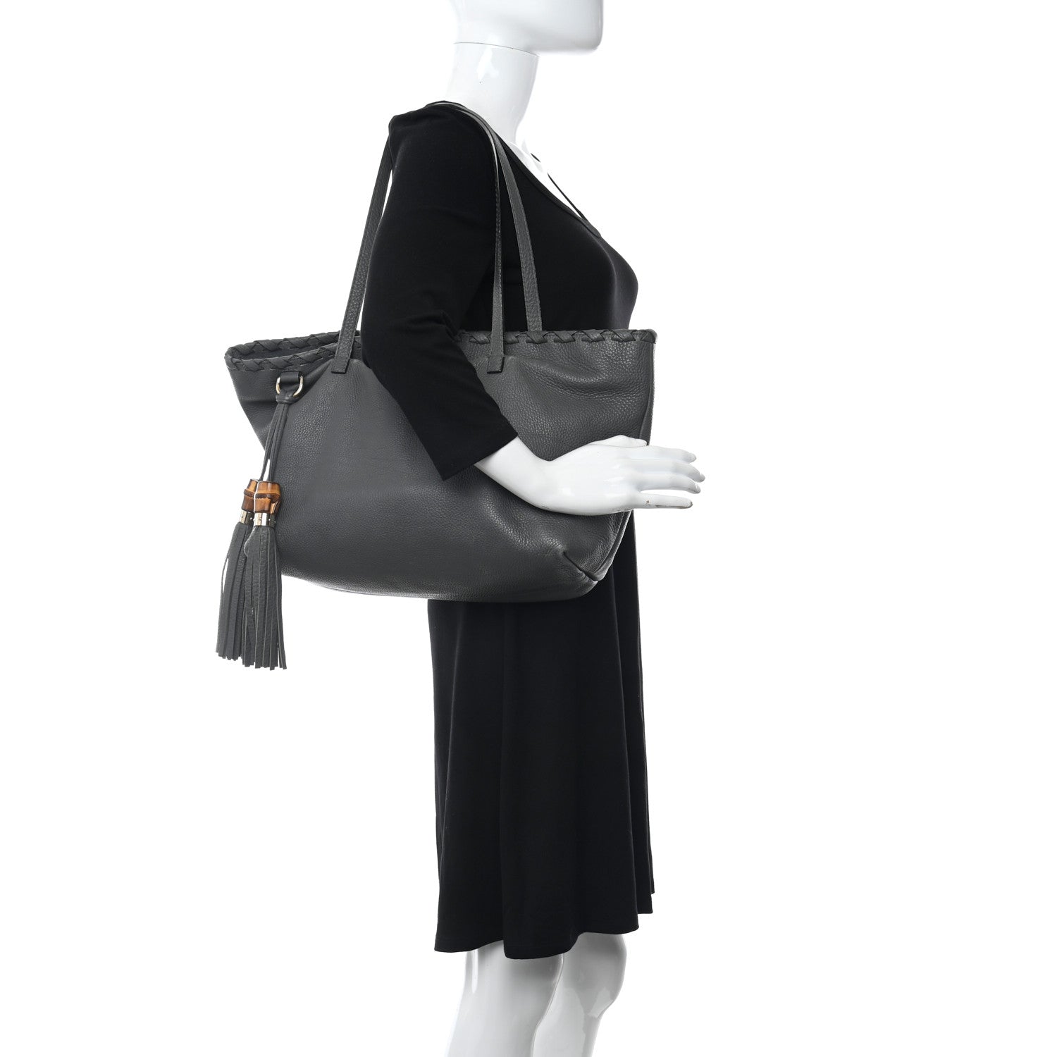 Gucci Pebbled Calfskin Medium Bamboo Tassel Tote Grey 2 of 10