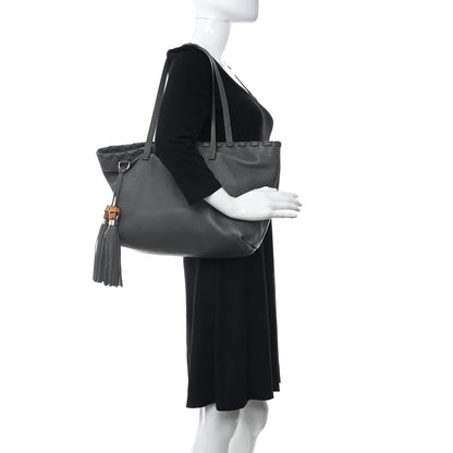 Gucci Pebbled Calfskin Medium Bamboo Tassel Tote Grey 2 of 10