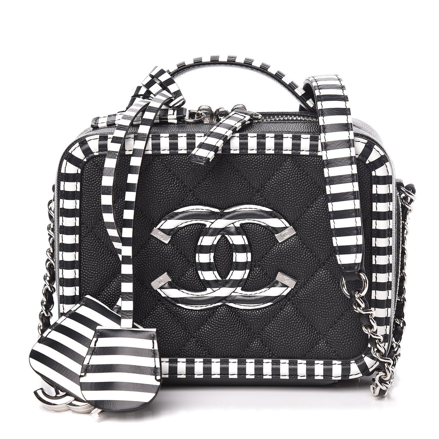 Caviar Quilted Striped Small CC Filigree Vanity Case Black White