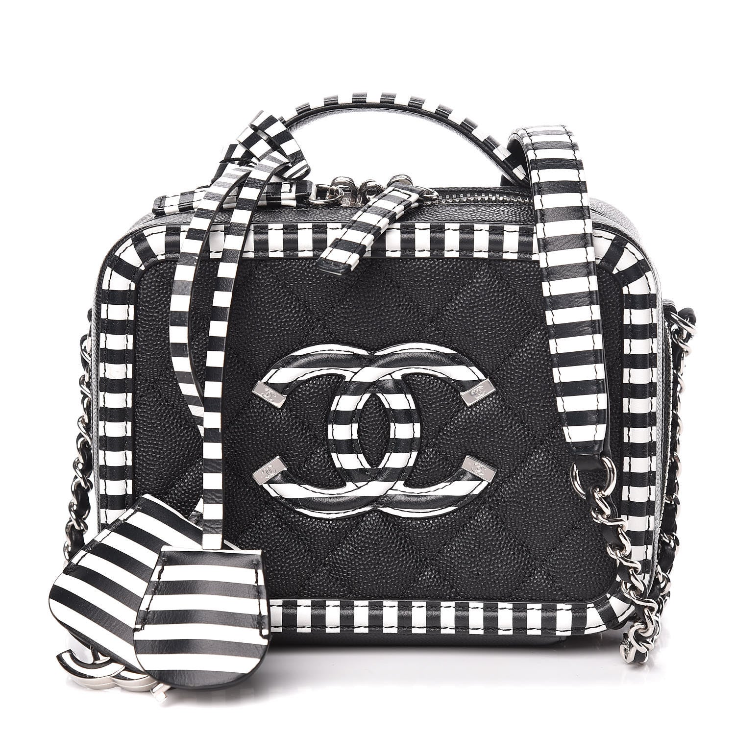 Chanel Caviar Quilted Striped Small CC Filigree Vanity Case Black White 1 of 10