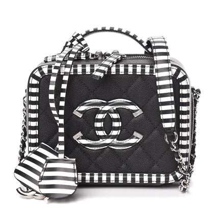 Chanel Caviar Quilted Striped Small CC Filigree Vanity Case Black White 1 of 10