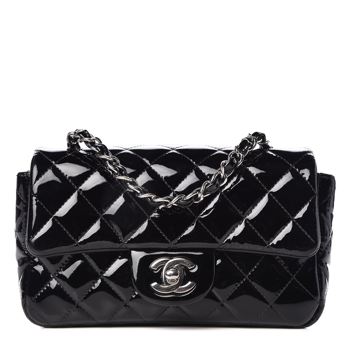 Patent Calfskin Quilted Mini Rectangular Flap Black