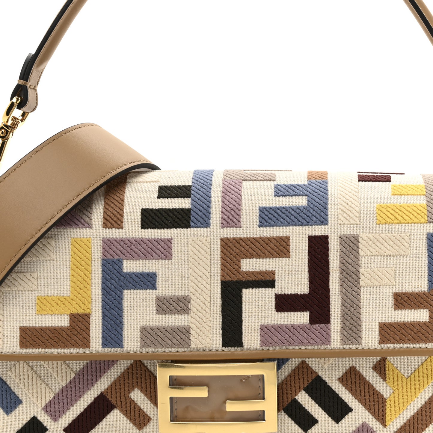 Canvas Vitello King FF Multicolor Embroidered Baguette Dusty Mauve Cappuccino Multicolor