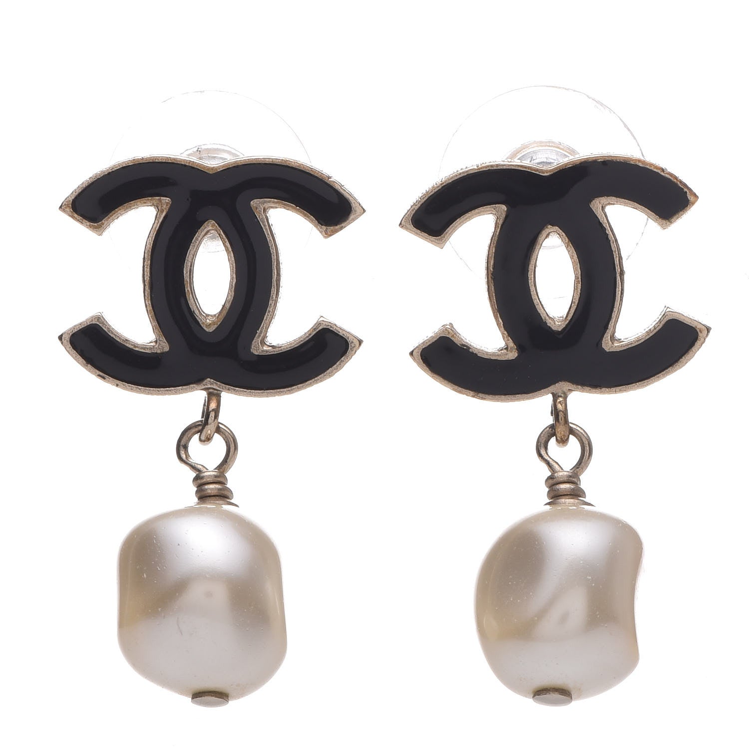 Chanel Pearl Enamel CC Drop Earrings Gold 1 of 5