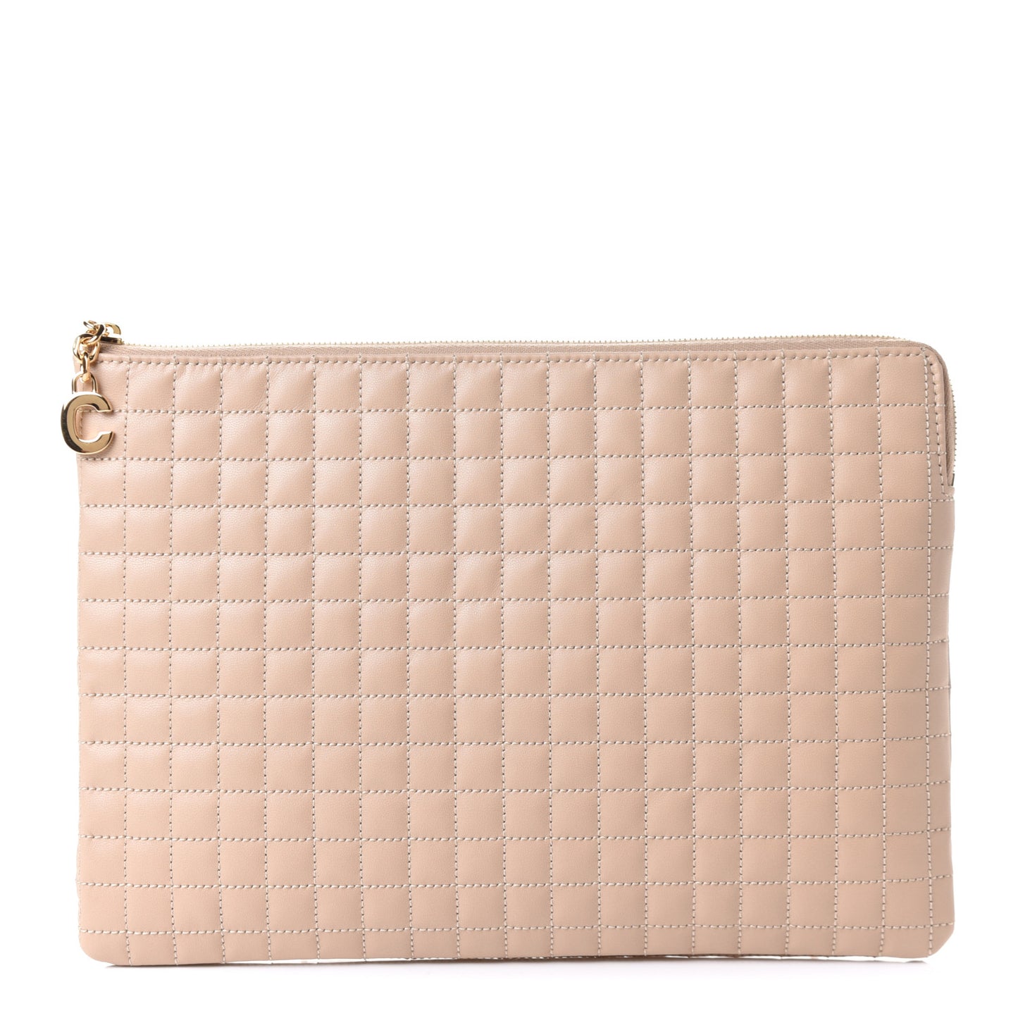 Calfskin Quilted C Charm Pouch Nude