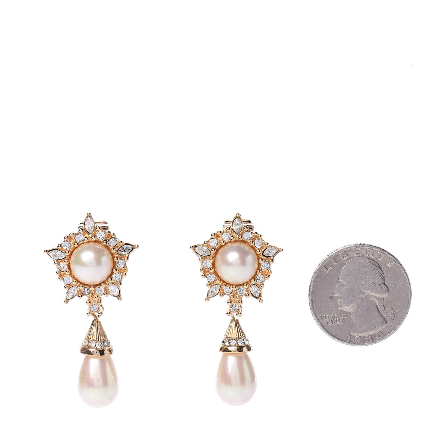 Pearl Crystal Drop Clip On Earrings Gold