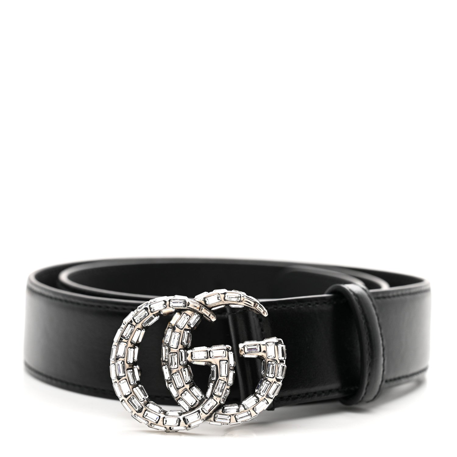 Gucci Calfskin Baguette Crystal Double G 30mm Belt 80 32 Black 1 of 5