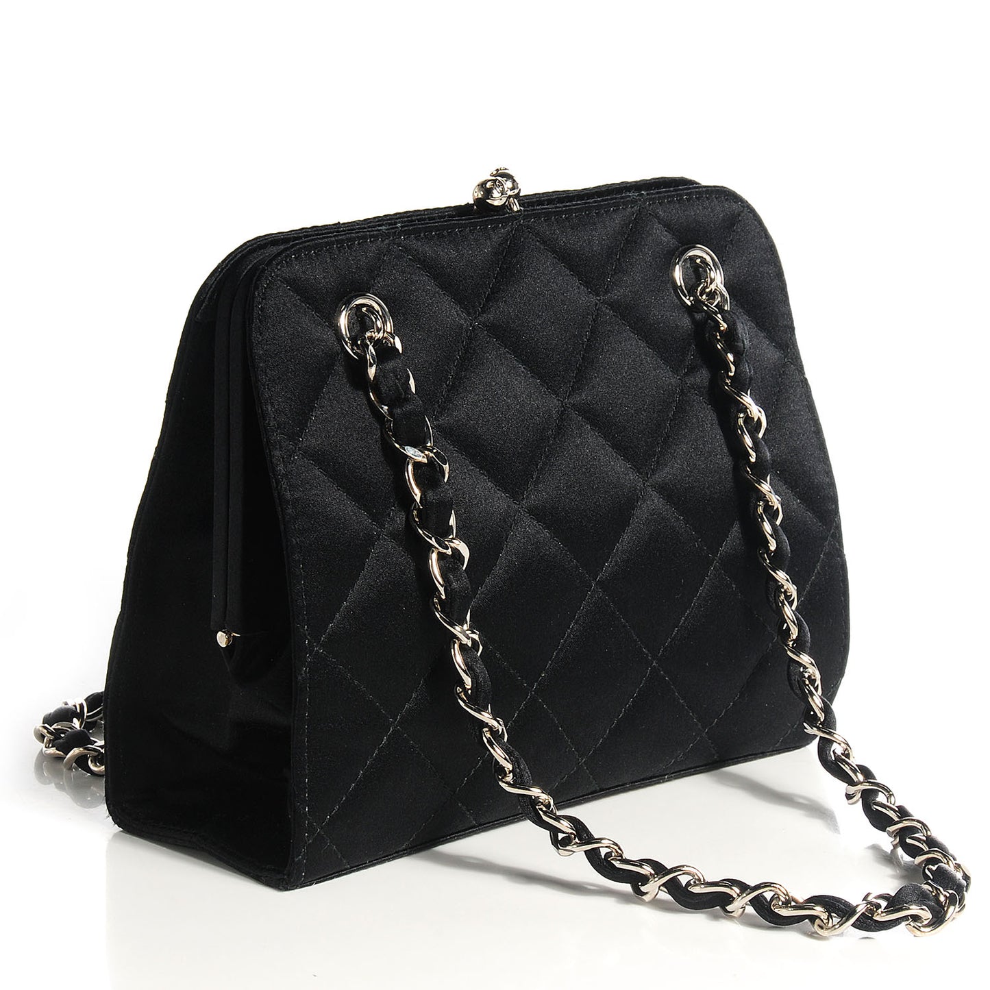 Satin Quilted CC Kiss Lock Evening Bag Black