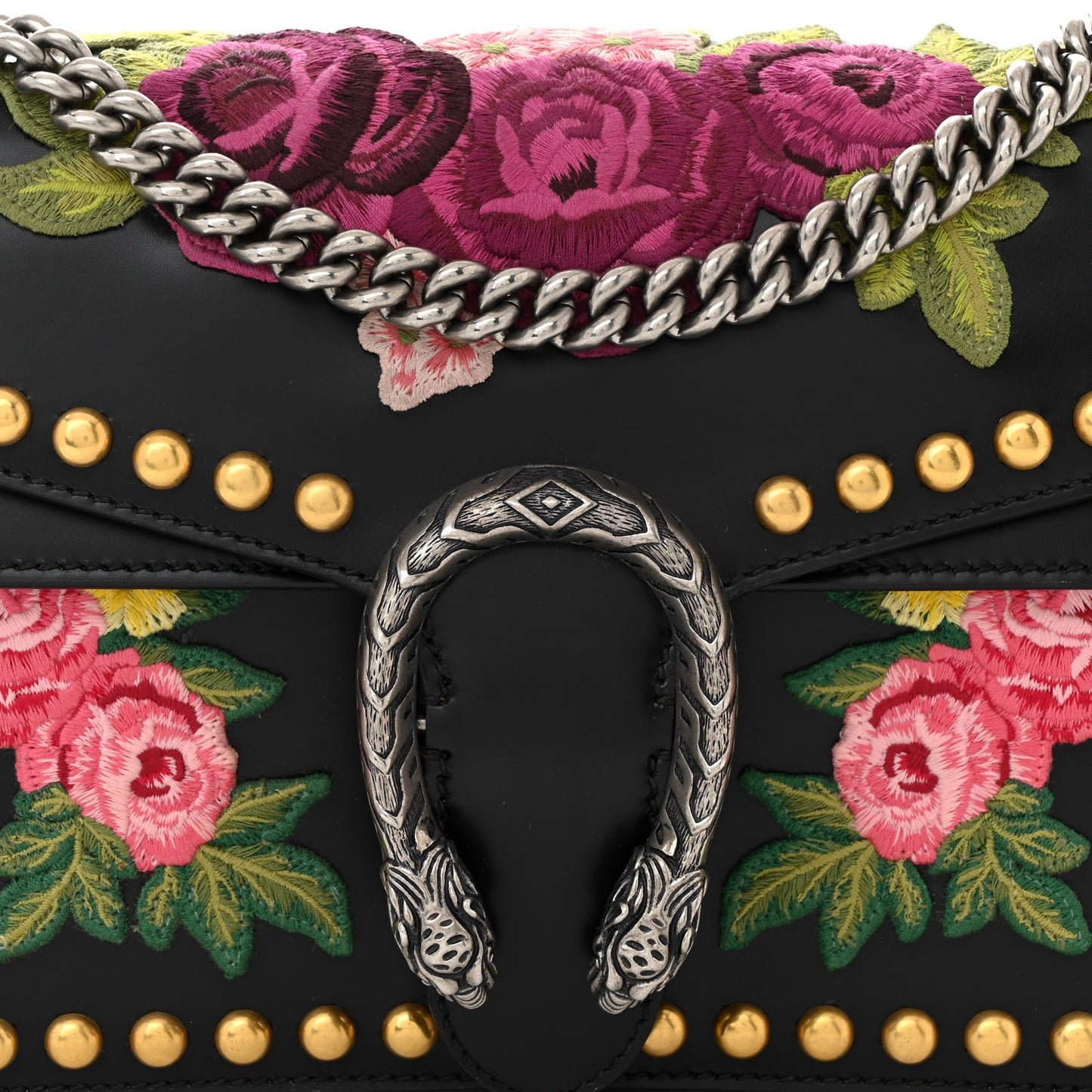 Calfskin Floral Embroidered Studded Small Dionysus Shoulder Bag Black