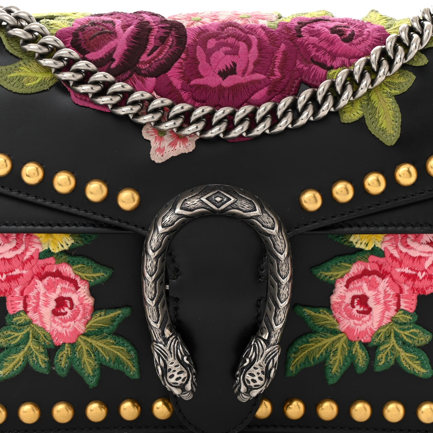 Gucci Calfskin Floral Embroidered Studded Small Dionysus Shoulder Bag Black 9 of 11