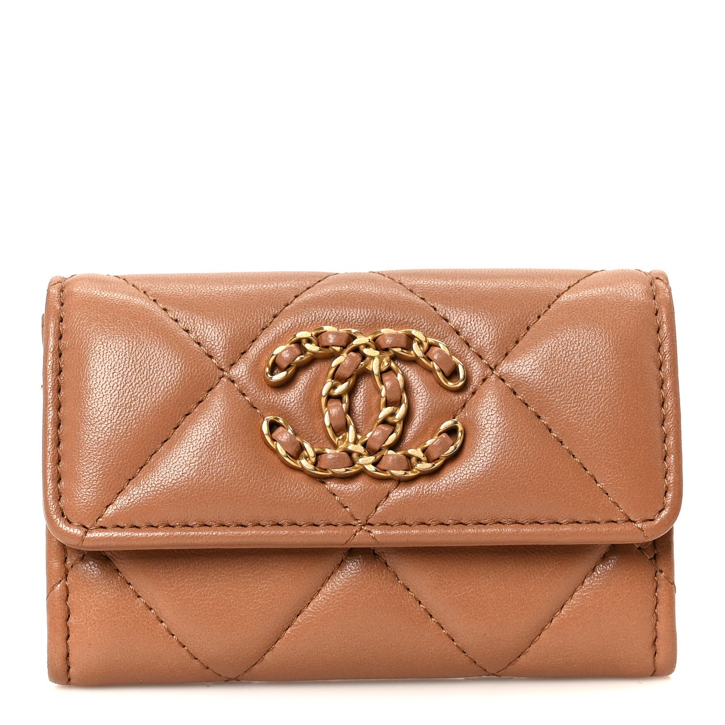 Lambskin Quilted Chanel 19 Flap Card Holder Brown