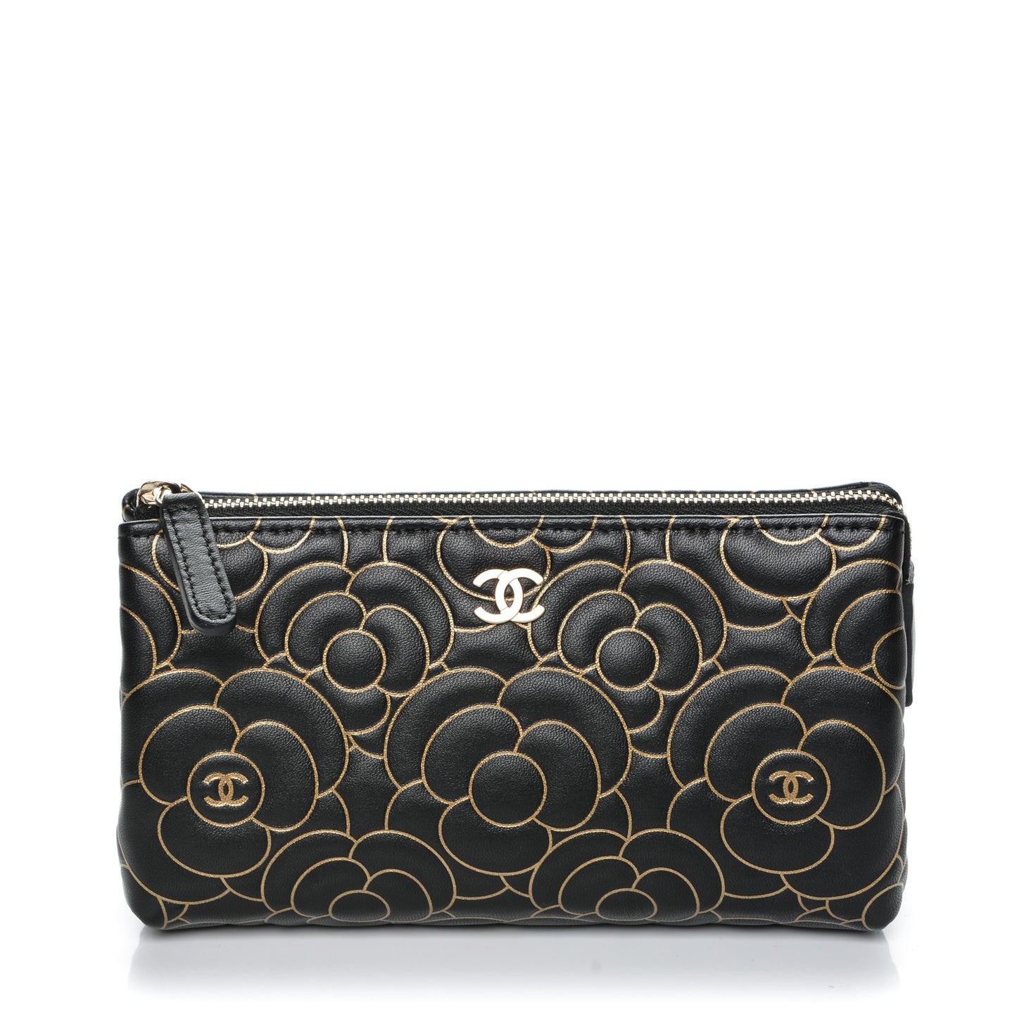 Lambskin Camellia Embossed Cosmetic Pouch Black Gold
