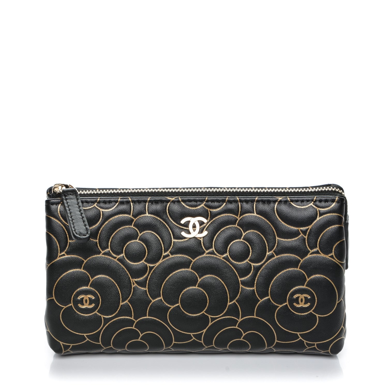 Chanel Lambskin Camellia Embossed Cosmetic Pouch Black Gold 1 of 7