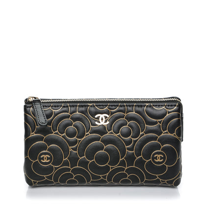Chanel Lambskin Camellia Embossed Cosmetic Pouch Black Gold 1 of 7