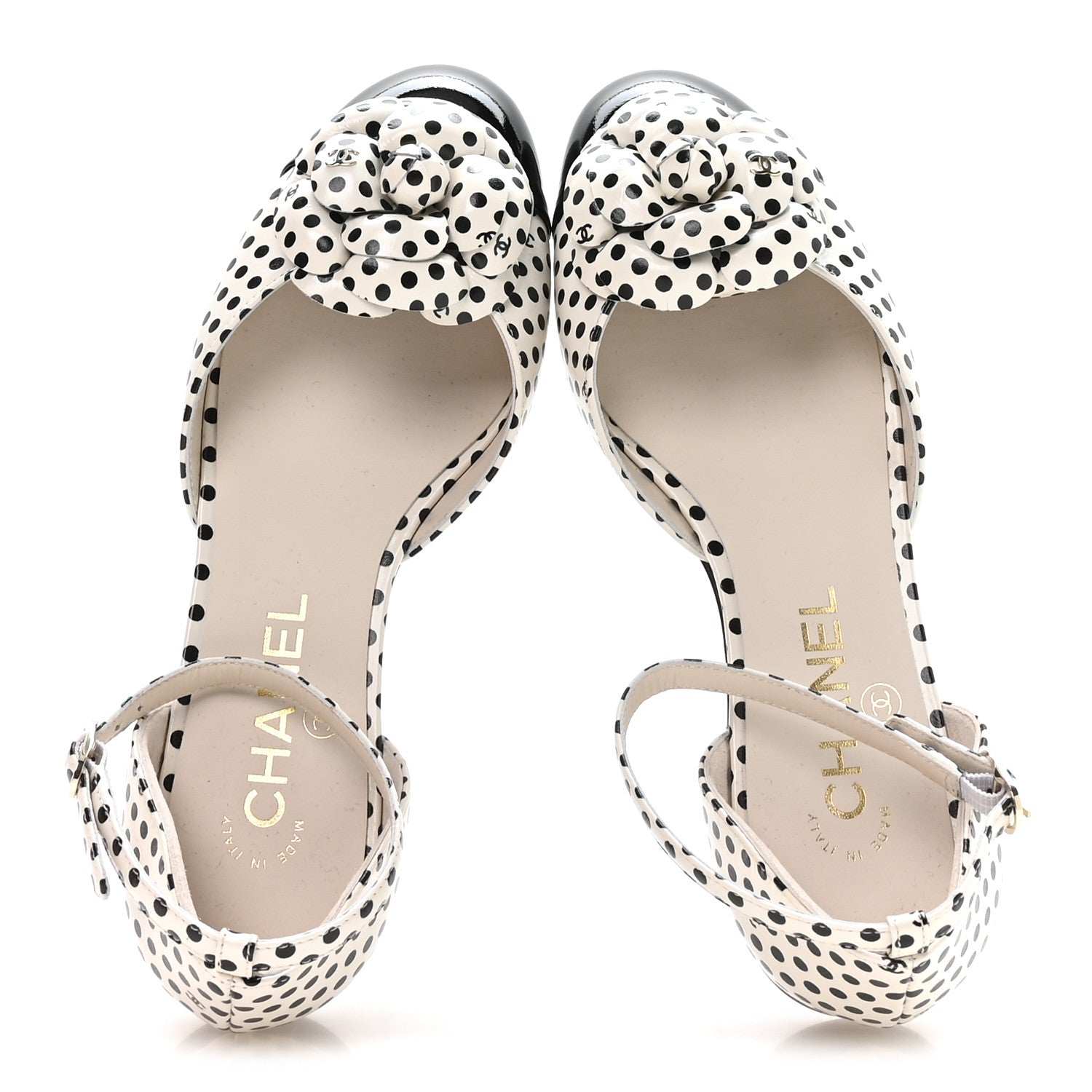 Chanel Calfskin Printed Patent Cap Toe Polka Dot Camellia Mary Jane Flats 36 White Black 2 of 8