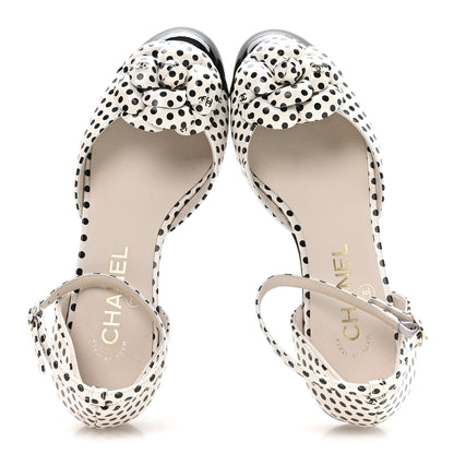 Chanel Calfskin Printed Patent Cap Toe Polka Dot Camellia Mary Jane Flats 36 White Black 2 of 8