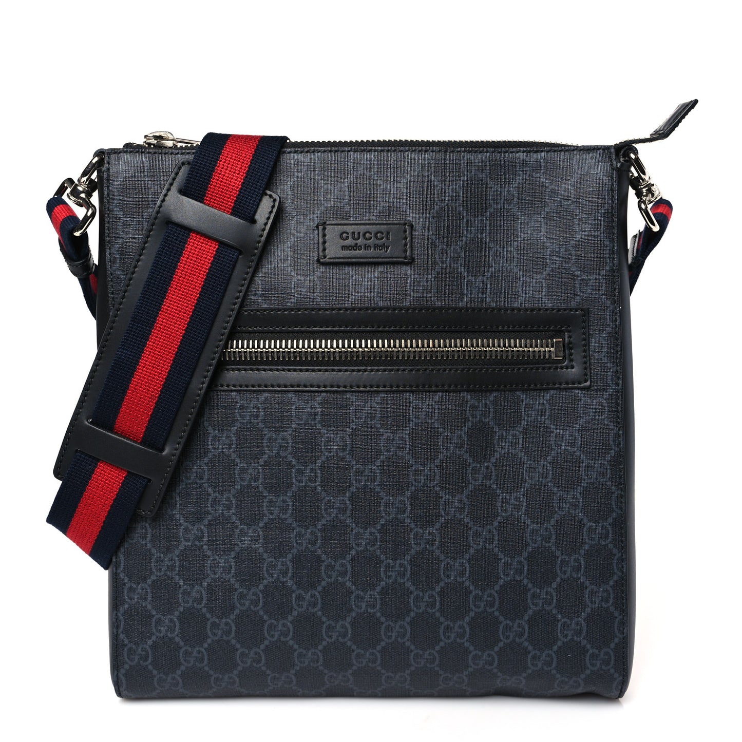 GG Supreme Monogram Appia Calfskin Web Flat Messenger Bag Black Grey