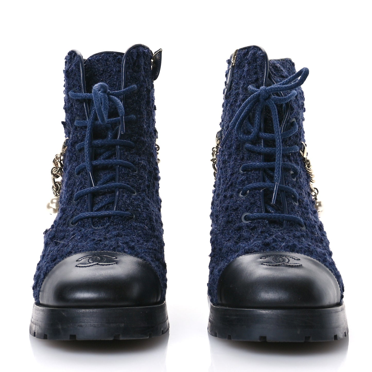 Wool Tweed Calfskin Chain Lace Up Combat Boots 40.5 Navy Blue Black