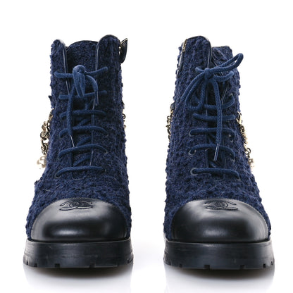 Chanel Wool Tweed Calfskin Chain Lace Up Combat Boots 40.5 Navy Blue Black 3 of 9