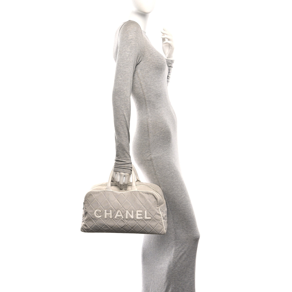 Chanel Canvas Quilted Logo Bowler Bag Grey 2 of 10