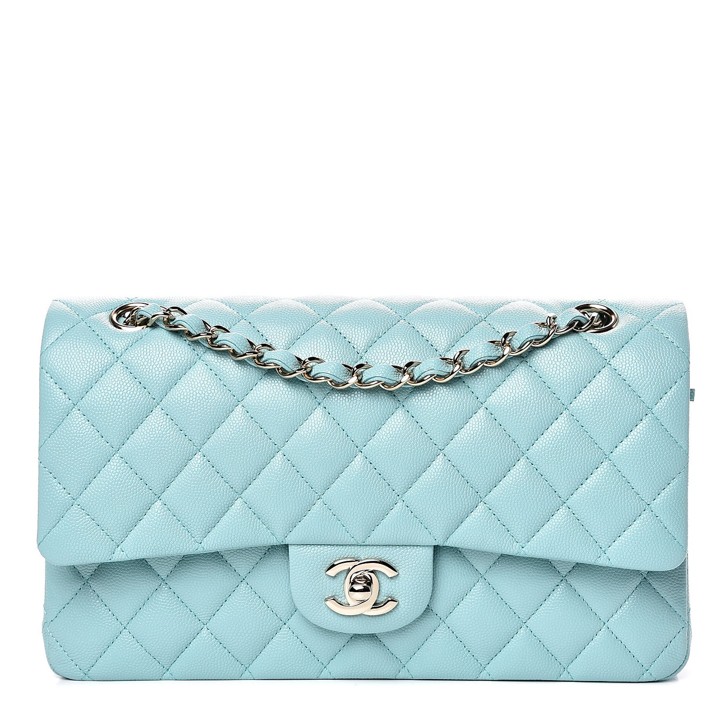 Caviar Quilted Medium Double Flap Light Blue