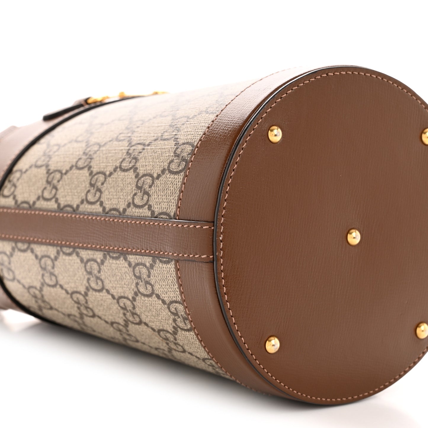GG Supreme Monogram Azalea Sakai Calfskin Small Horsebit 1955 Drawstring Bucket Bag Beige Ebony Brown Sugar