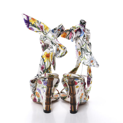 Gucci Satin Floral Ankle Strap Wedge Sandals 35 White Multicolor 5 of 8