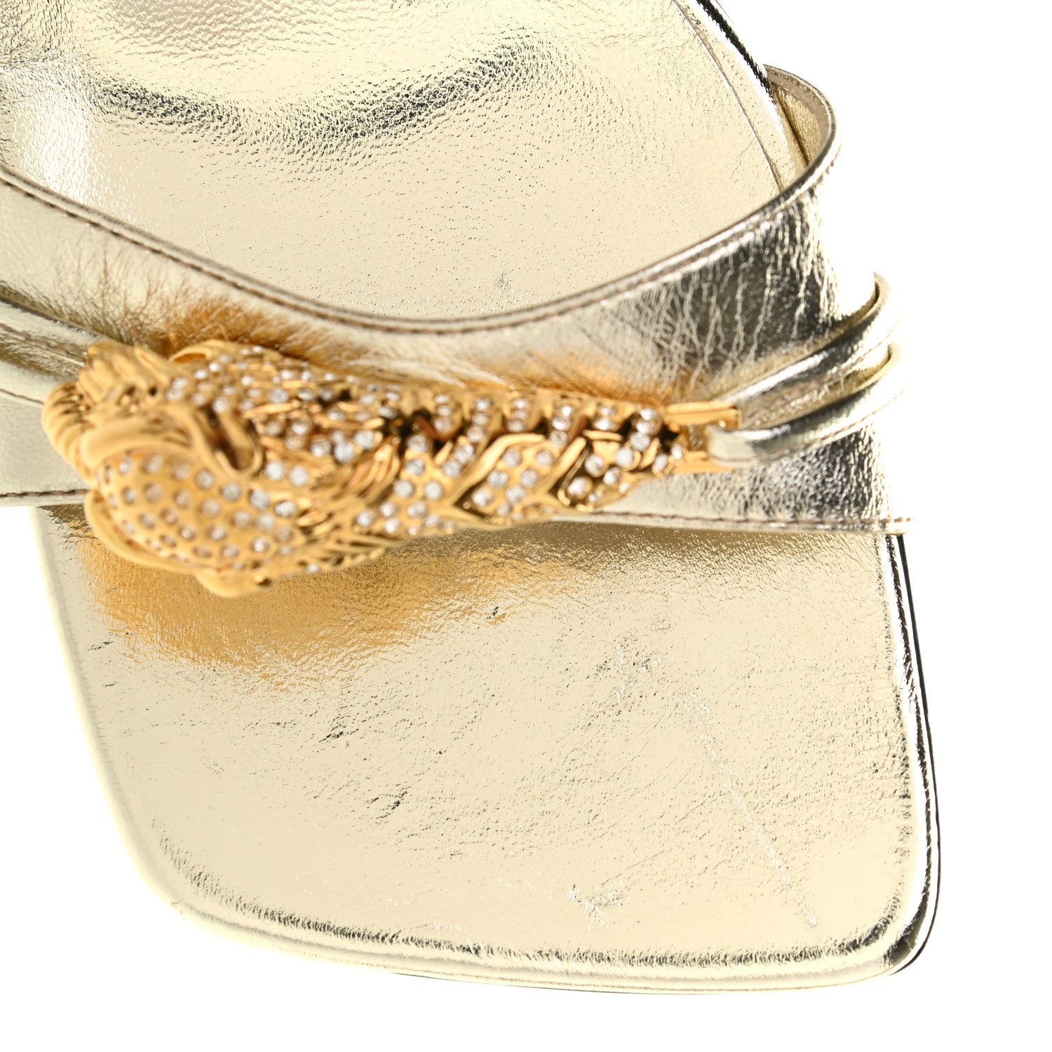 Gucci Metallic Nappa Dora Tiger Head Mid Heel Slide Sandals 37.5 Gold 9 of 9