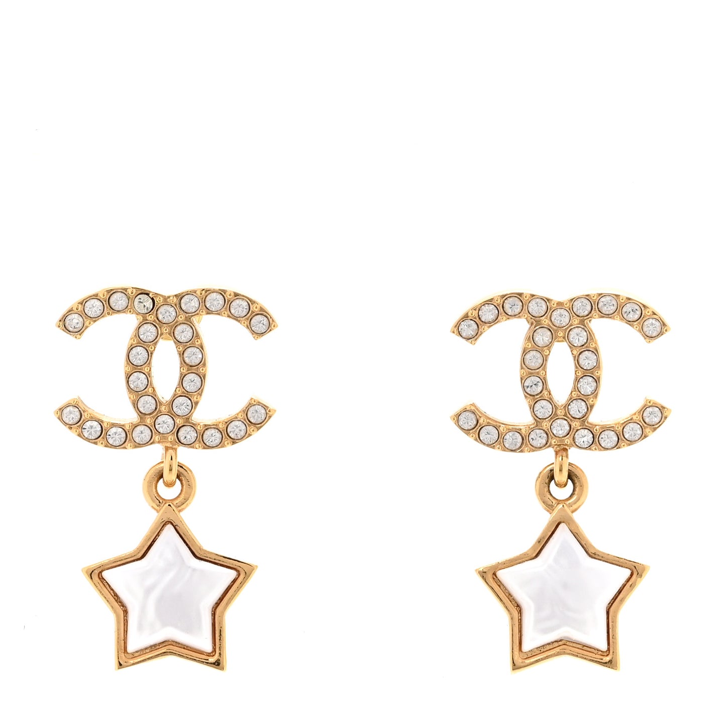 Metal Crystal Pearl CC Star Earrings Gold Pearly White