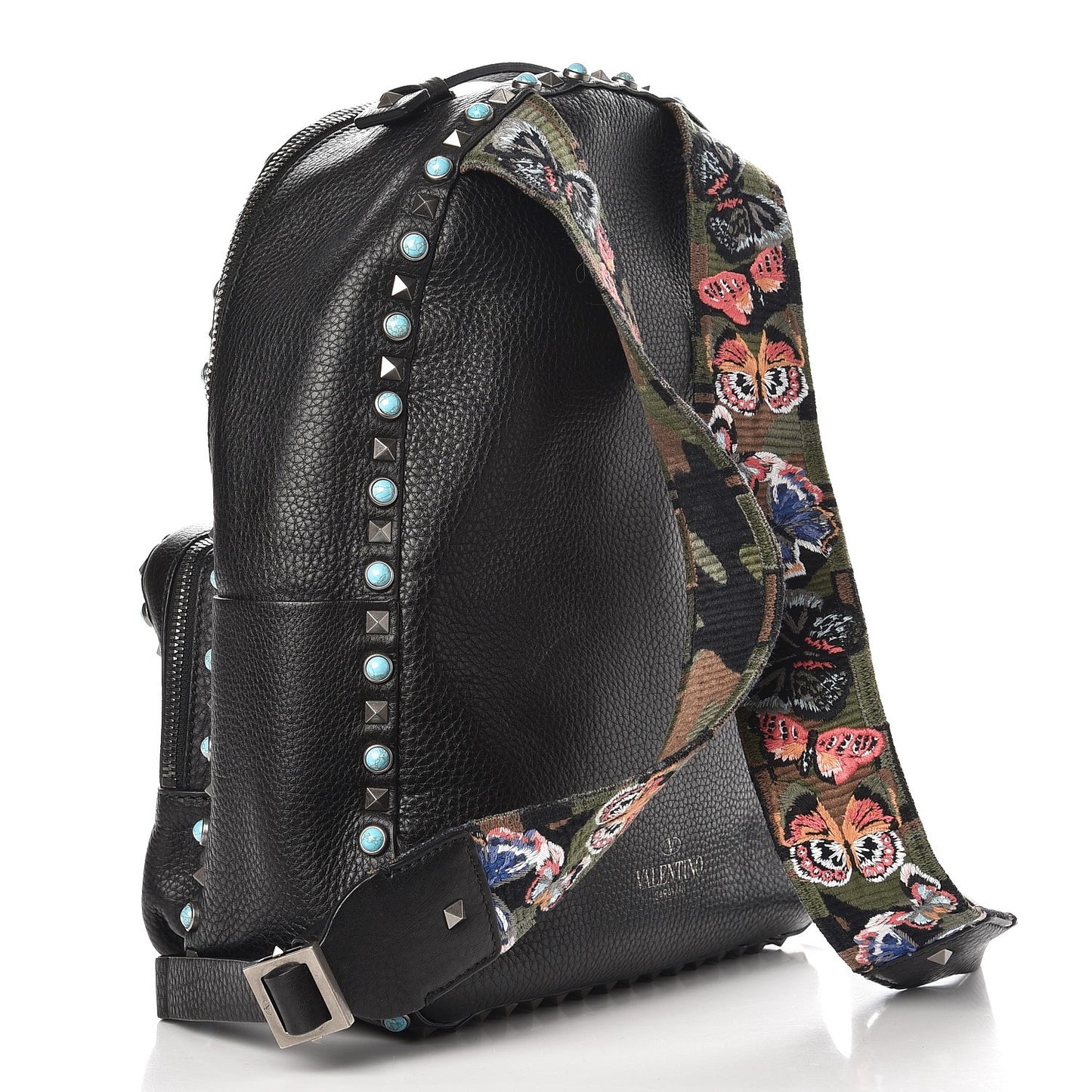 VALENTIN Pebbled Calfskin Medium Rockstud Rolling Backpack Black