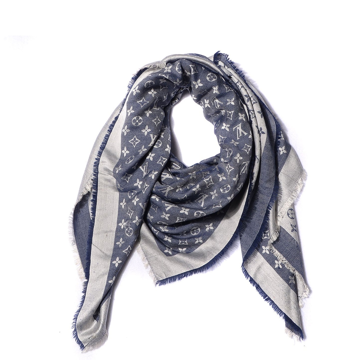 Silk Wool Monogram Denim Shawl Blue