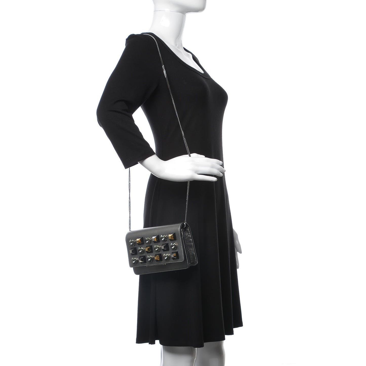 Glossy Calfskin Crystal Studded Tube Wallet On Chain Graphite