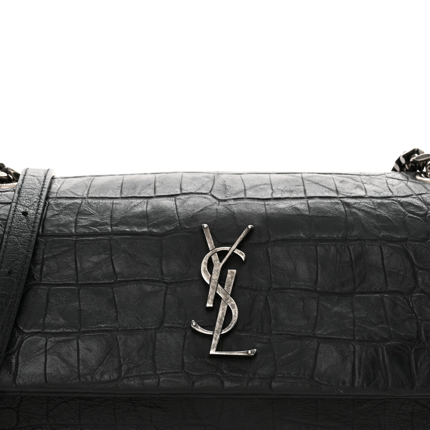 Calfskin Crocodile Embossed Medium West Hollywood Monogram Fold-Over Black