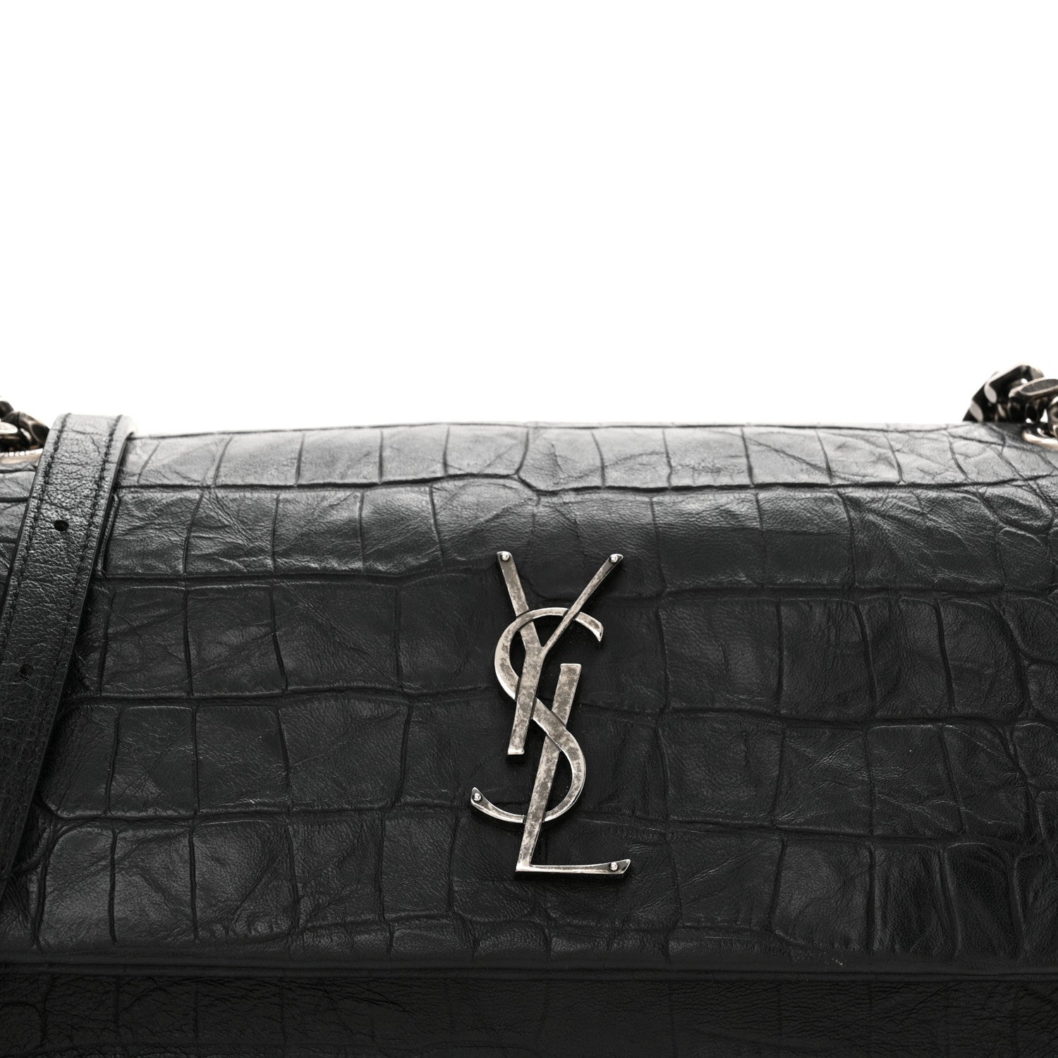 Saint Laurent Calfskin Crocodile Embossed Medium West Hollywood Monogram Fold-Over Black 8 of 13