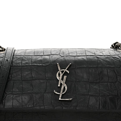 Saint Laurent Calfskin Crocodile Embossed Medium West Hollywood Monogram Fold-Over Black 8 of 13