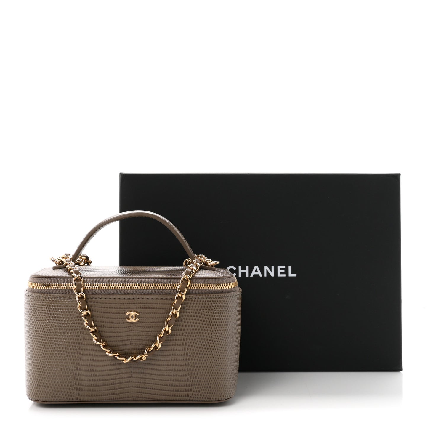 Calfskin Lizard Embossed Top Handle Vanity With Chain Dark Khaki