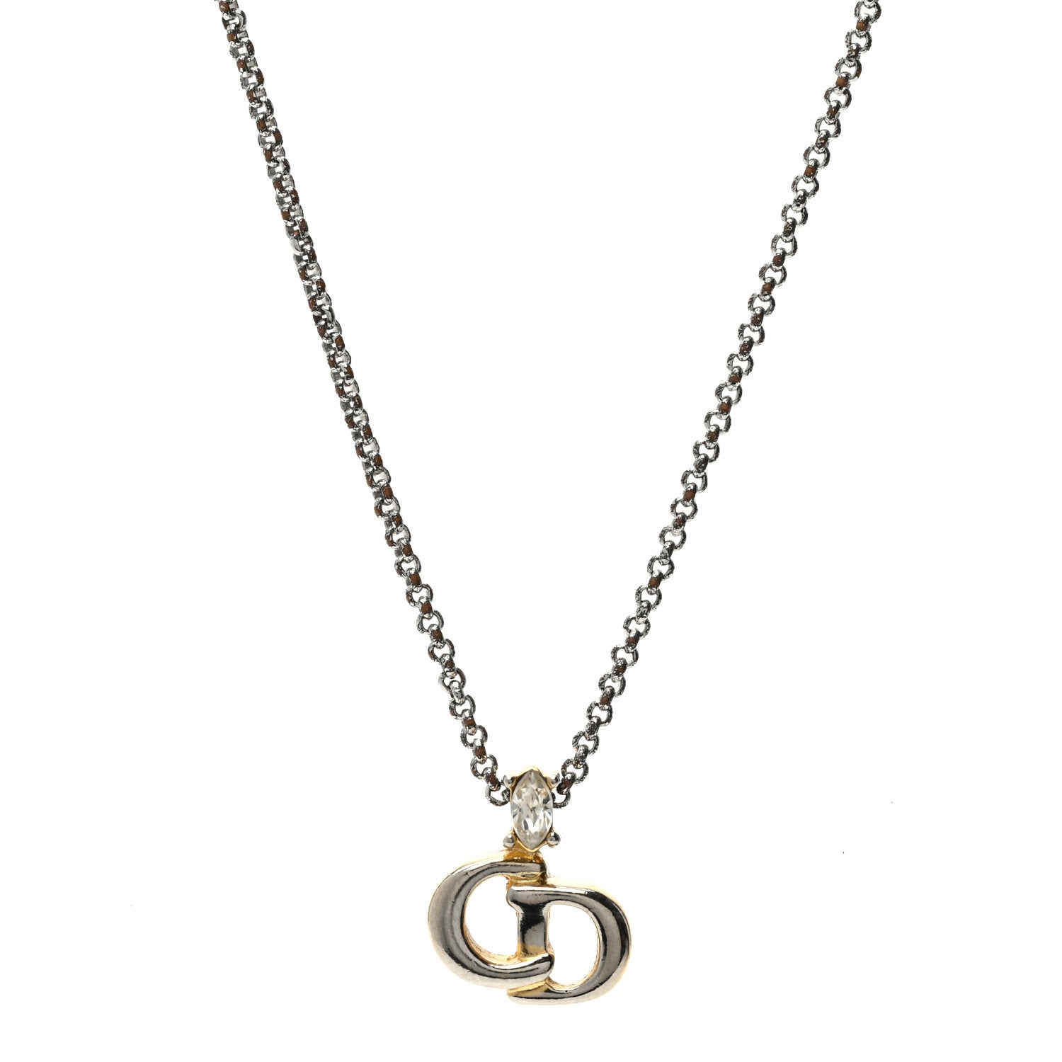Christian Dior Metal Crystal CD Logo Pendant Necklace Silver Gold 1 of 6