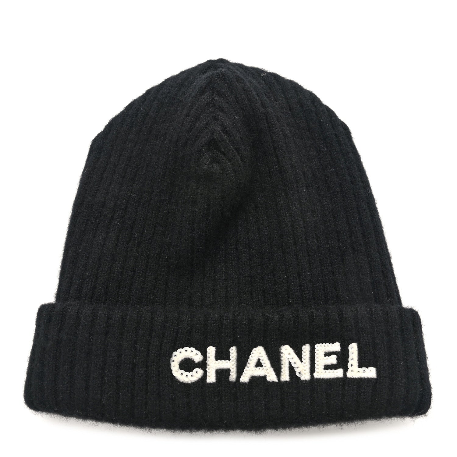 Chanel Cashmere Sequins Logo Beanie Hat Black 1 of 5
