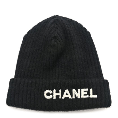 Chanel Cashmere Sequins Logo Beanie Hat Black 1 of 5
