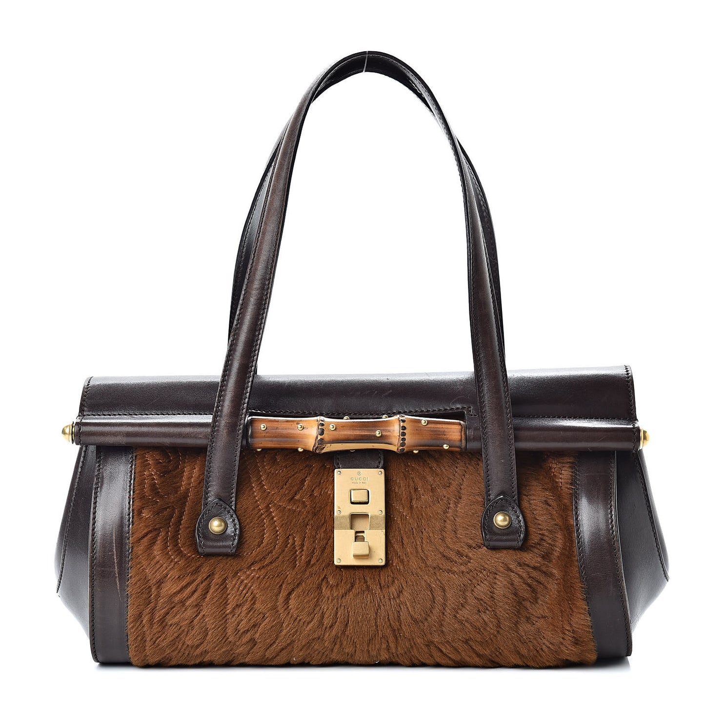 Calf Hair Calfskin Bamboo Bullet Satchel Brown