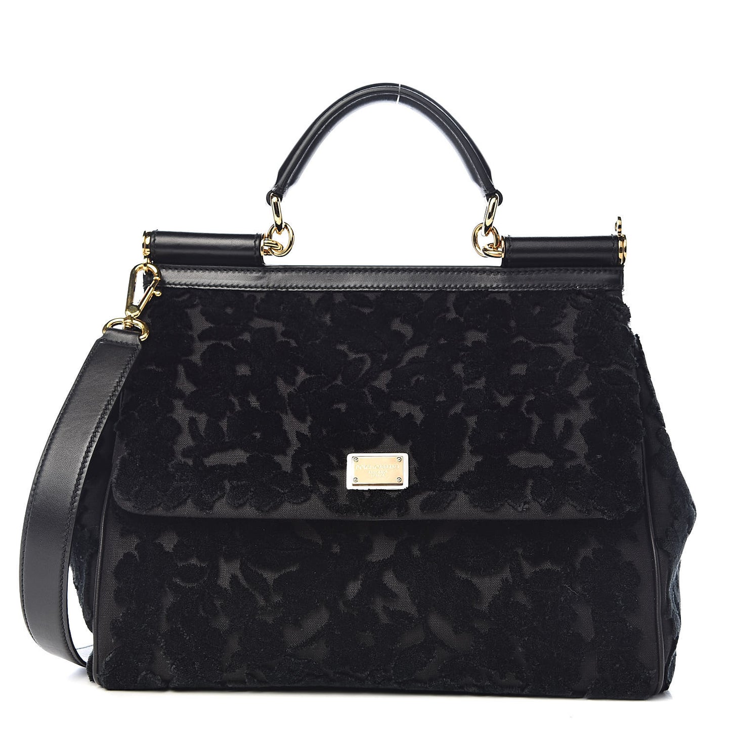 Velvet Floral Large Miss Sicily Satchel Black