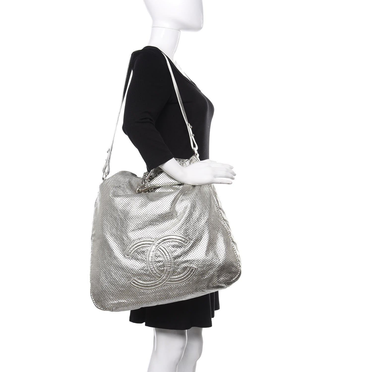 Chanel Metallic Glazed Calfskin Perforated Medium Rodeo Drive Tote Silver 2 of 14