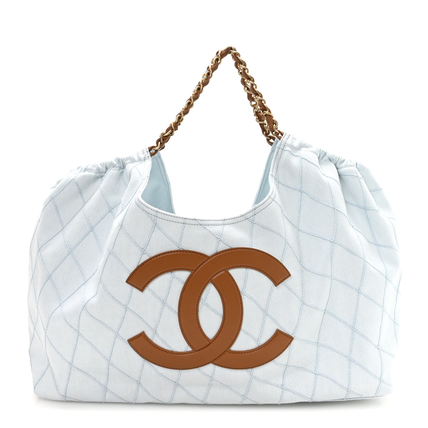 Denim Calfskin Quilted Coco Beach Small Shopping Tote Light Blue Brown