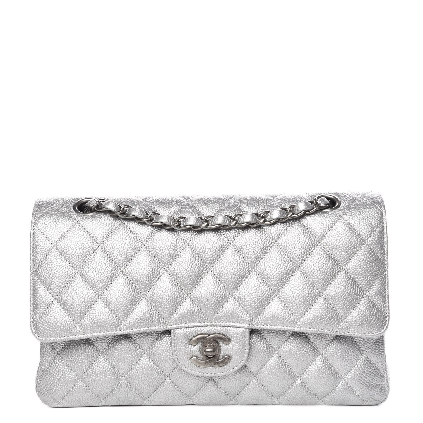 Metallic Caviar Quilted Medium Double Flap Silver