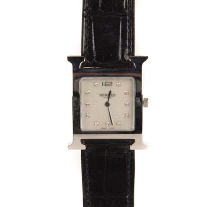 Hermes Stainless Steel Alligator Diamond Mother of Pearl 26mm Heure H Hour Quartz Watch Noir 1 of 11
